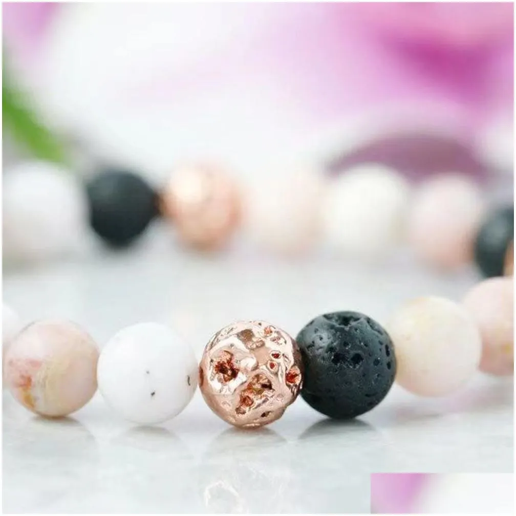 MG1563 Strand Womens Pink Opal Essential Oil Diffuser Bracelet Rose Gold Lava Bead Wrist Mala Bracelet Calming Love Jewelry