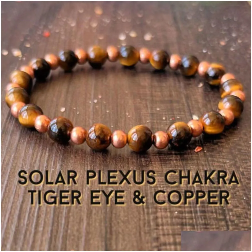 MG1632 Strand Womens Solar Chakra Wrist Mala Bracelet 6 MM Tiger Eye With Copper Beaded Bracelet Handmade Yoga Malas