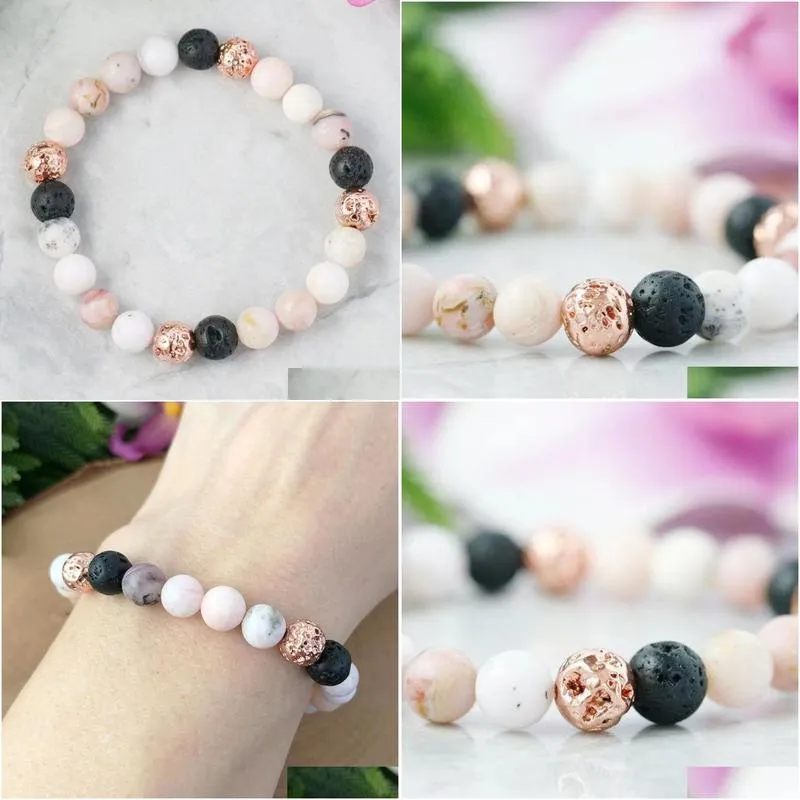 MG1563 Strand Womens Pink Opal Essential Oil Diffuser Bracelet Rose Gold Lava Bead Wrist Mala Bracelet Calming Love Jewelry