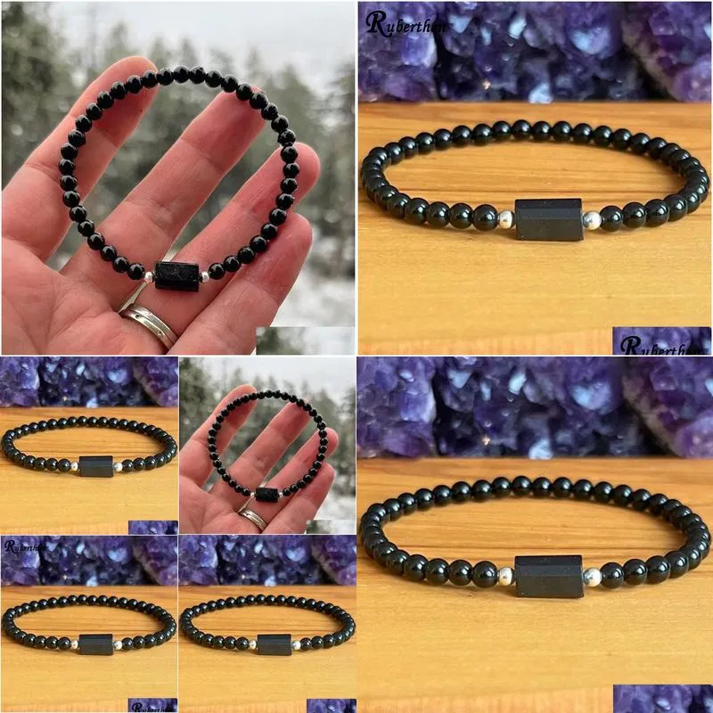 Strands MG1935 New Design Raw Russian Shungite 4 MM Black Tourmaline Wrist Mala Natural Gemstone Bracelet