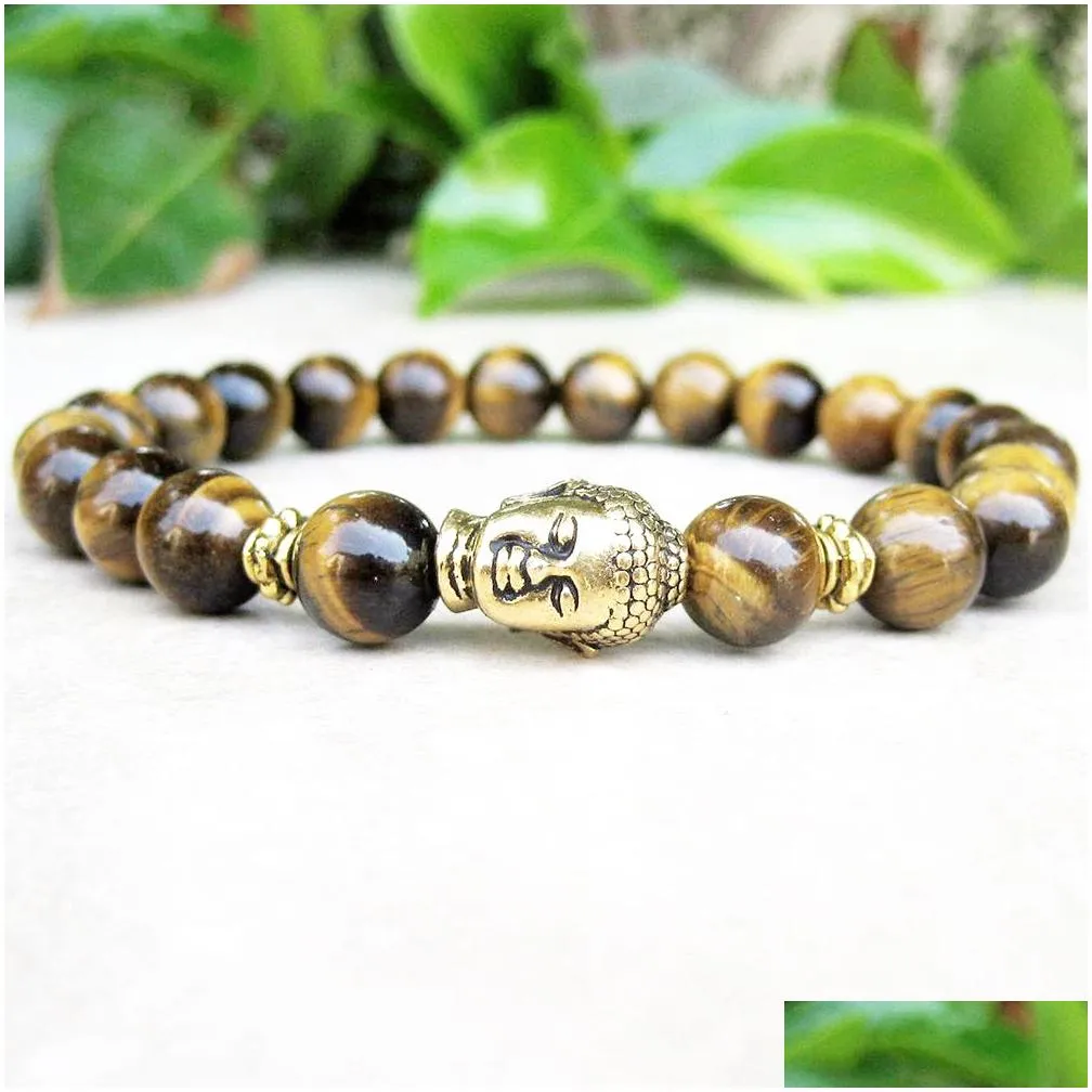 MG0728 Mens Tiger`s Eye Buddha Mala Bracelet Reiki Spiritual Yoga Prayer Stretch Bracelet Mens Womens Tibetan Jewelry