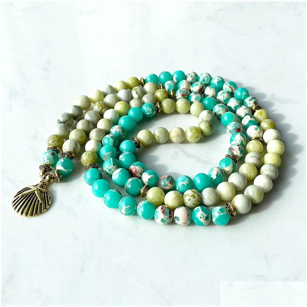 MG1388 Green Jasper Yellow Turquoise 108 Mala Bracelet Women`s Yoga Spiritual Necklace Balance Yoga Mala Energy Jewelry