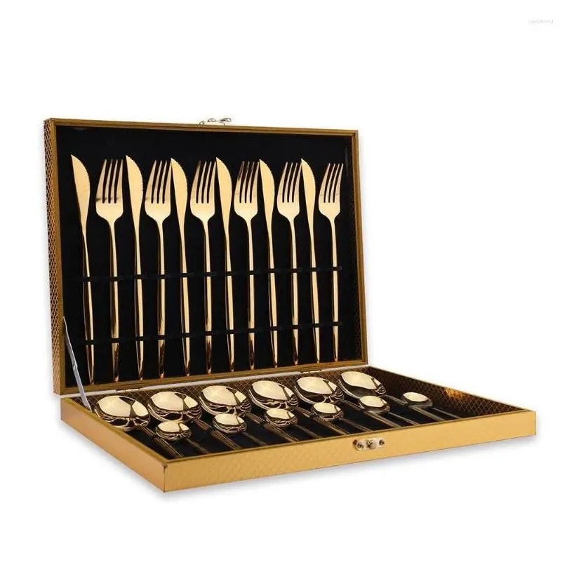 Dinnerware Sets 16/24pcs Golden Set Stainless Steel Metal Tableware Knife Fork Spoon Western Home Kitchen Cutlery Gift Box