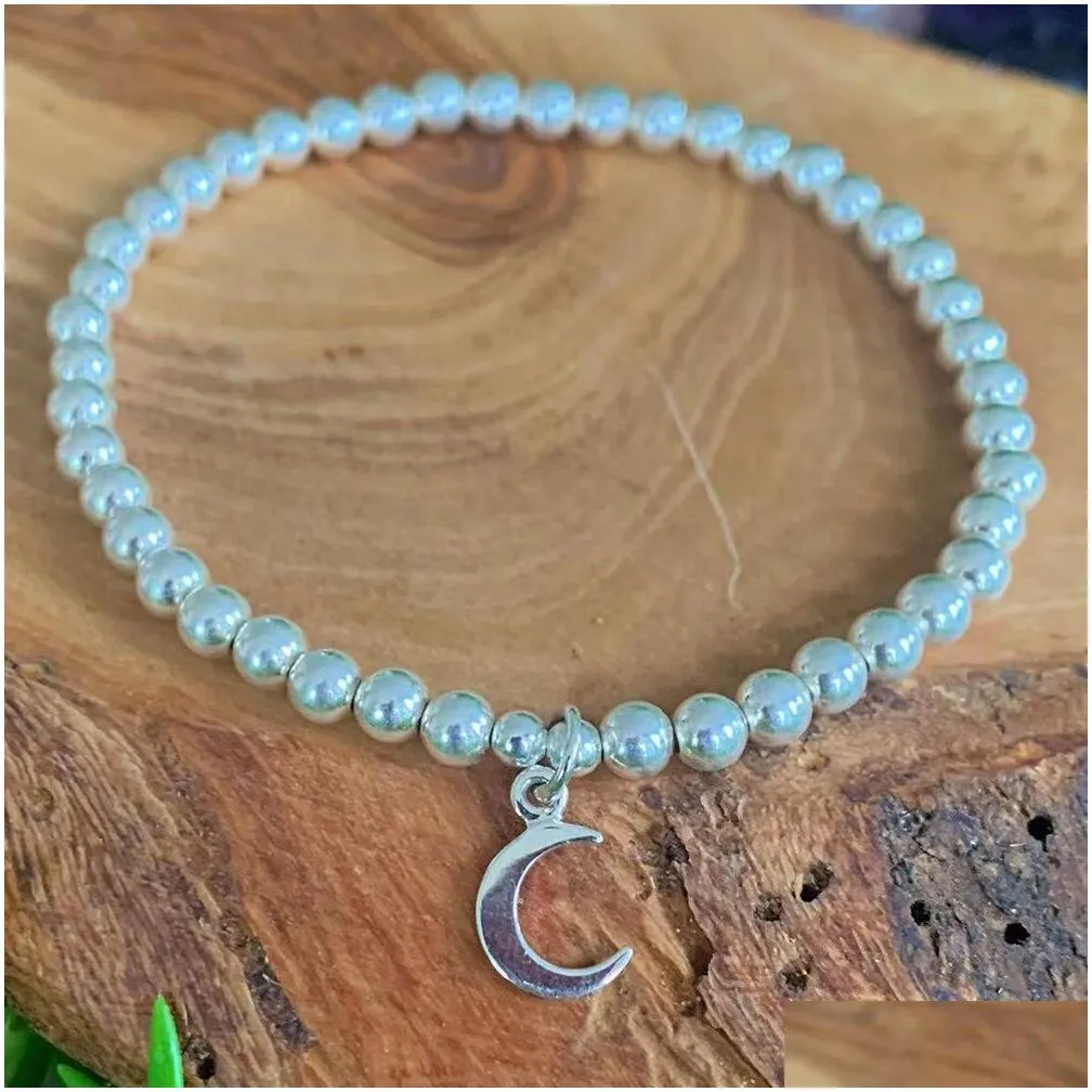 MG1603 Strand New Design 4 MM Genuine 925 Sterling Silver Stack Beaded Bracelet Moon Star Charm Stimulates Energy Flow Jewelry