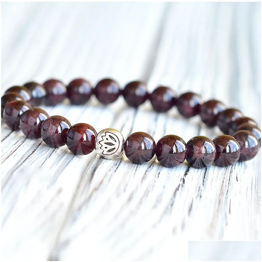 MG0744 Woman`s A Grade Garnet Bracelet Natural Gemstone Good Luck Bracelet Lotus Flower Charm Yoga Energy Bracelet