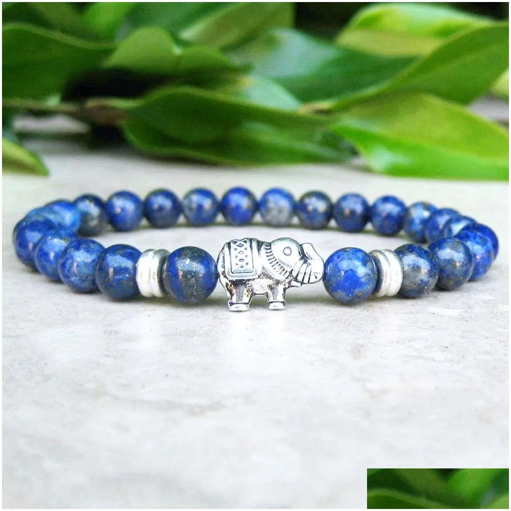 MG0740 Elephant Charm Yoga Energy Bracelet 6 mm A Grade Natural Lapis Lazuli Bracelet Good Luck Healing Energy Bracelet