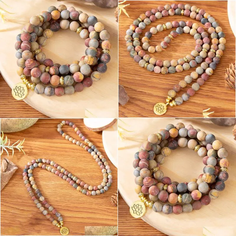 MG1347 Natural Matte Picasso Jasper 108 Mala Bracelet Lotus Charm Yoga 4 Wrap Meditation Spiritual Yoga Jewelry