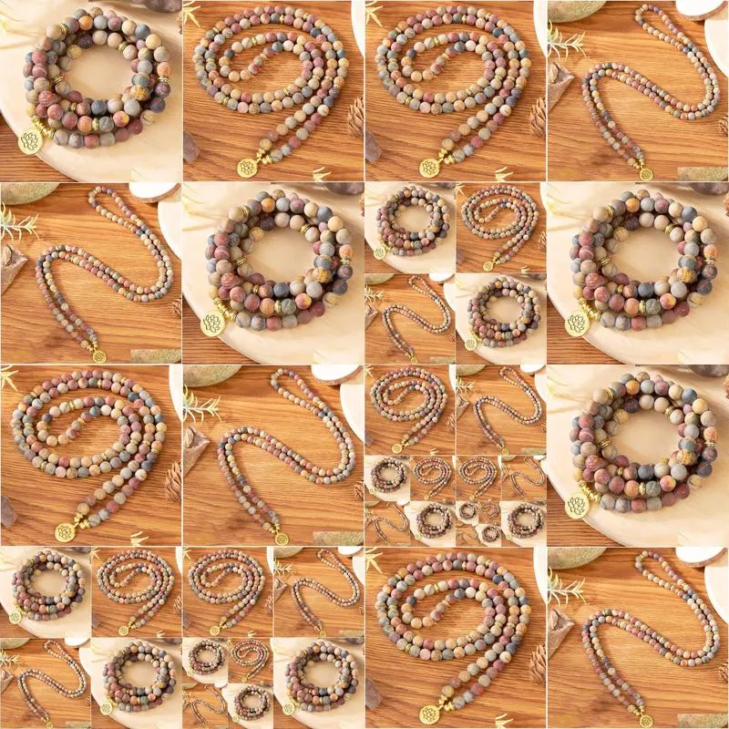 MG1347 Natural Matte Picasso Jasper 108 Mala Bracelet Lotus Charm Yoga 4 Wrap Meditation Spiritual Yoga Jewelry