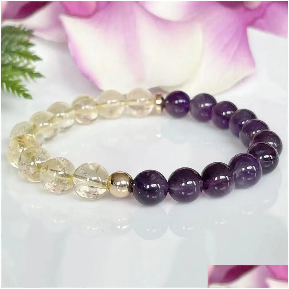 MG1574 Strand Natural Citrine Amethyst Gemstone Womens Bracelet Healing Crystals Mala Beaded Bracelet Anxiety Relief Yoga Gift Idea