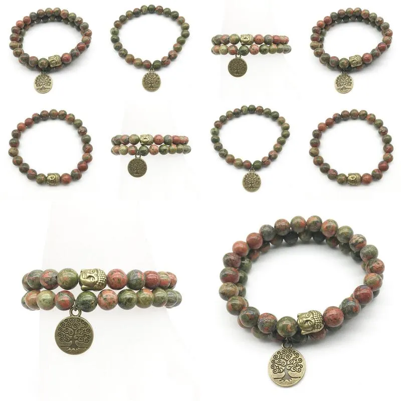 SN1275 Tree of Life Buddha Bronze Charm Bracelet Set Vintage Design Unakite Bracelet High Quality Natural Stone Jewelry