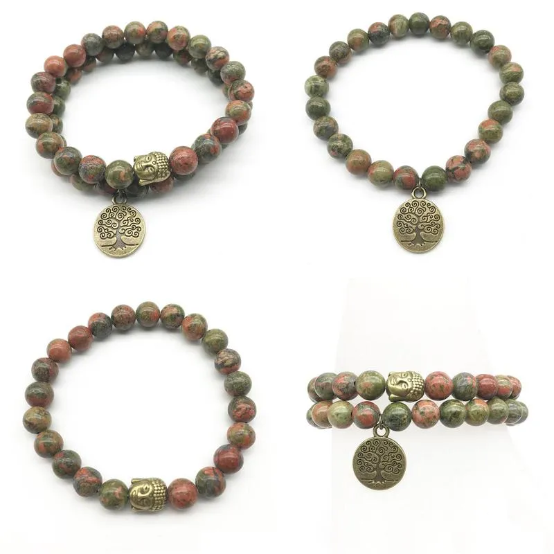 SN1275 Tree of Life Buddha Bronze Charm Bracelet Set Vintage Design Unakite Bracelet High Quality Natural Stone Jewelry