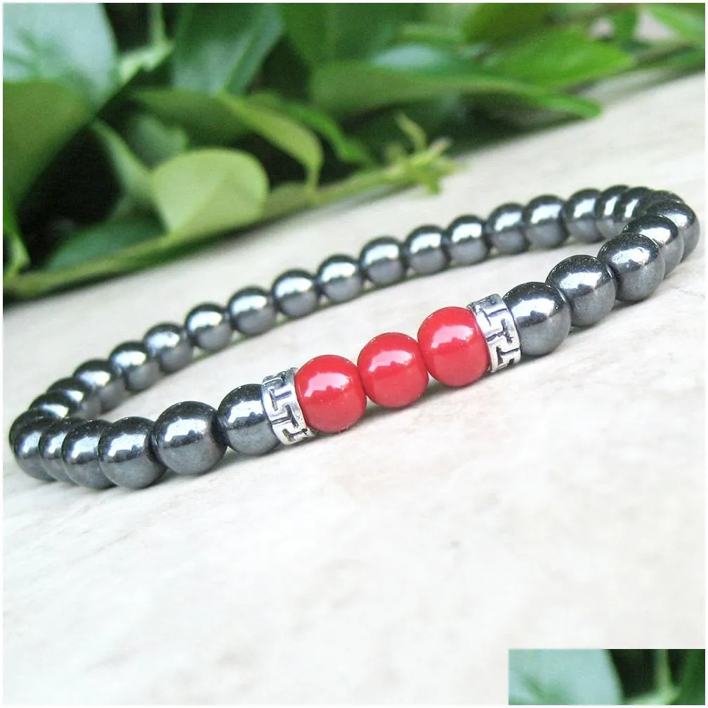 MG0723 6 mm Red Coral Black Hematite Mala Grounding Bracelet New Design Mens Womens Couple Bracelet Balance Harmony Strengt