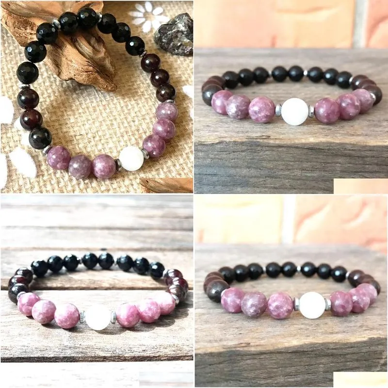 MG0914 8 MM Natural Lepidolite Moonstone Bracelet Black Tourmaline Bracelet High Quality Heart Chakra Meditation Jewelry