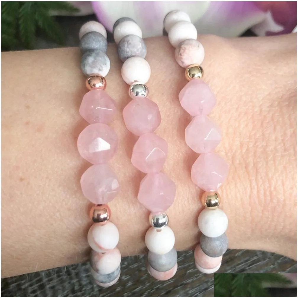 MG1520 Strand New Design Diamond Cutted Rose Quartz Pink Zebra Jasper Gemstone Bracelet Women`s Calming Bracelet for Stress