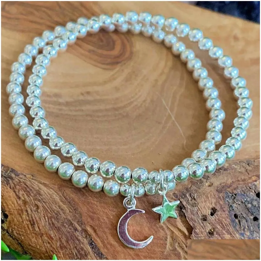 MG1603 Strand New Design 4 MM Genuine 925 Sterling Silver Stack Beaded Bracelet Moon Star Charm Stimulates Energy Flow Jewelry