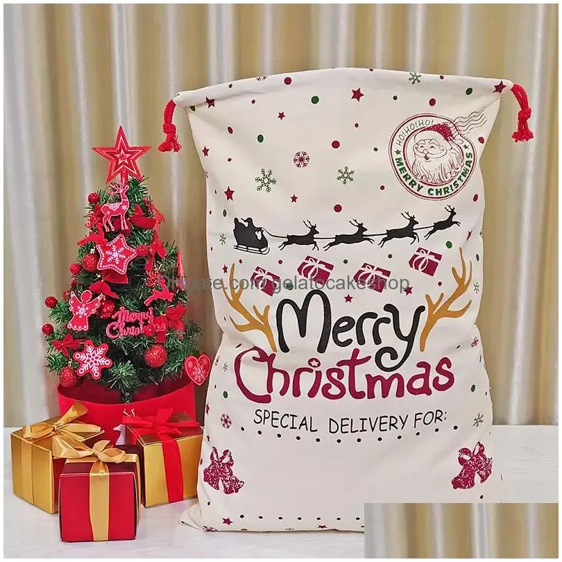 christmas gift bags santa sack 50x70cm drawstring bag canvas large organic heavy with reindeers santa claus for kids wholesale