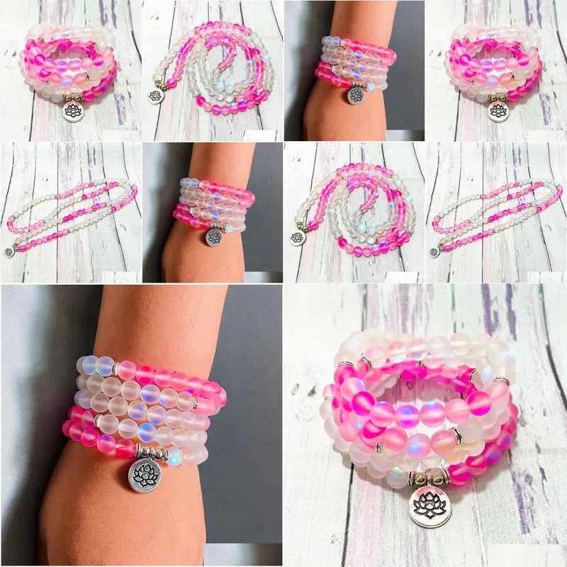 SN1408 Matte Pink Mermaid Quartz 108 Mala Bracelet For Women High Quality THROAT CHAKRA Bracelet Balance Yoga Beads Jewelry