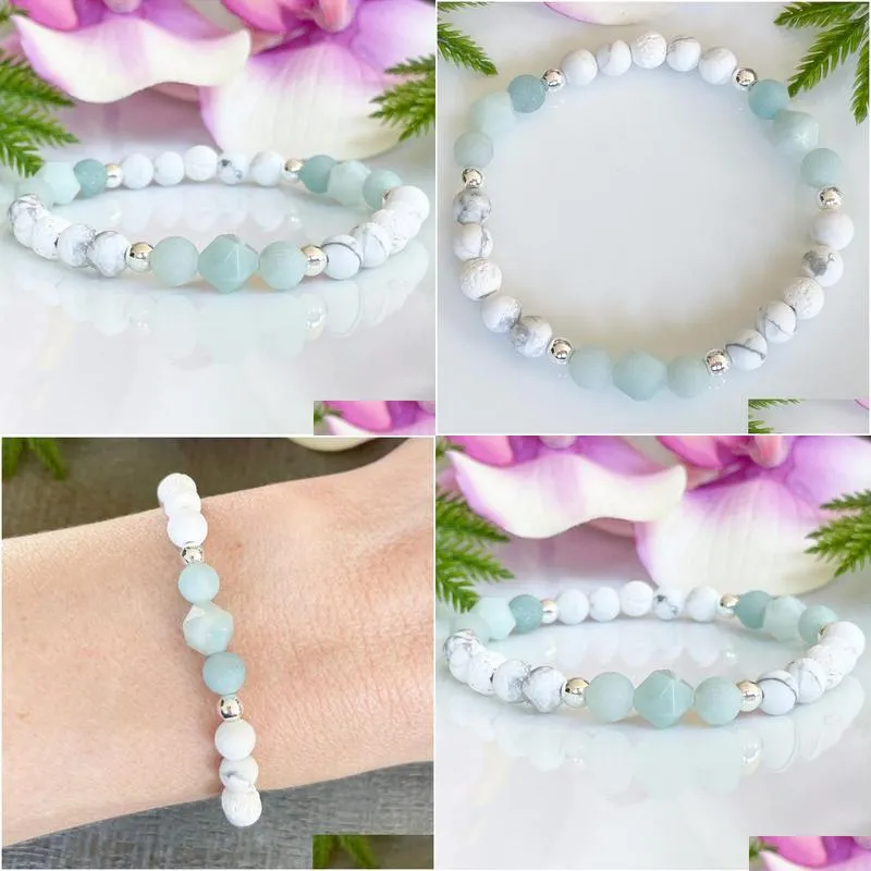 MG1510 Strand Amazonite and Howlite Gemstone Bracelet Womens Essential Oil Diffuser Bracelet Healing Crystals for Anxiety Calming