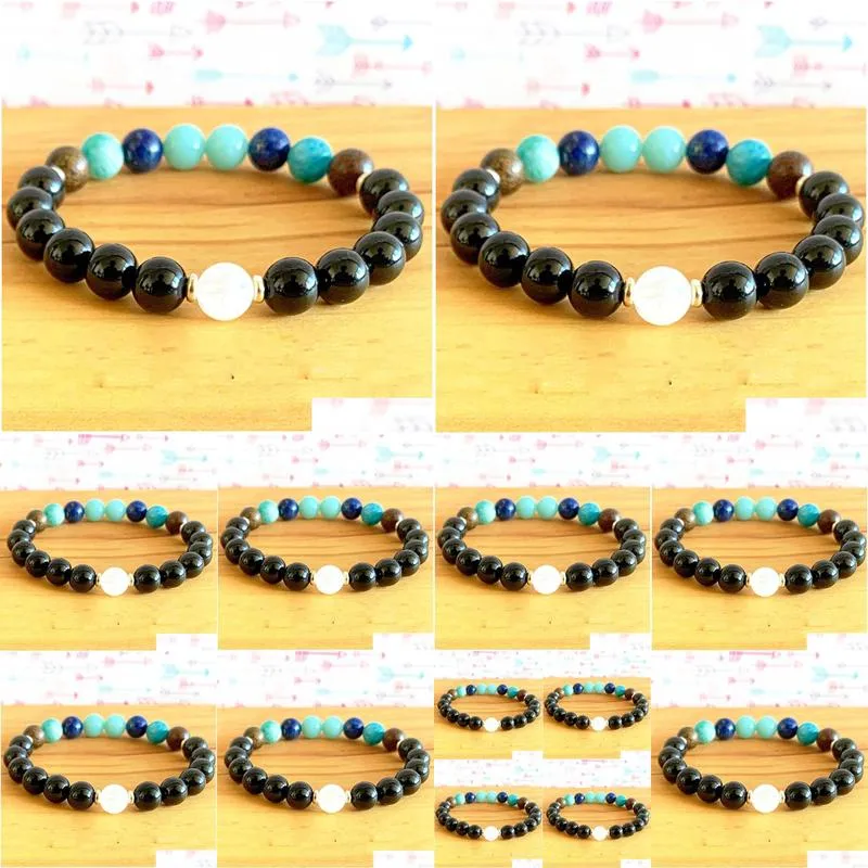 MG1218 Moonstone Amazonite Lapis Lazuli Chakra Mala Bracelet Women`s Gem Stone Energy Power Bracelet Black Onyx Jewelry