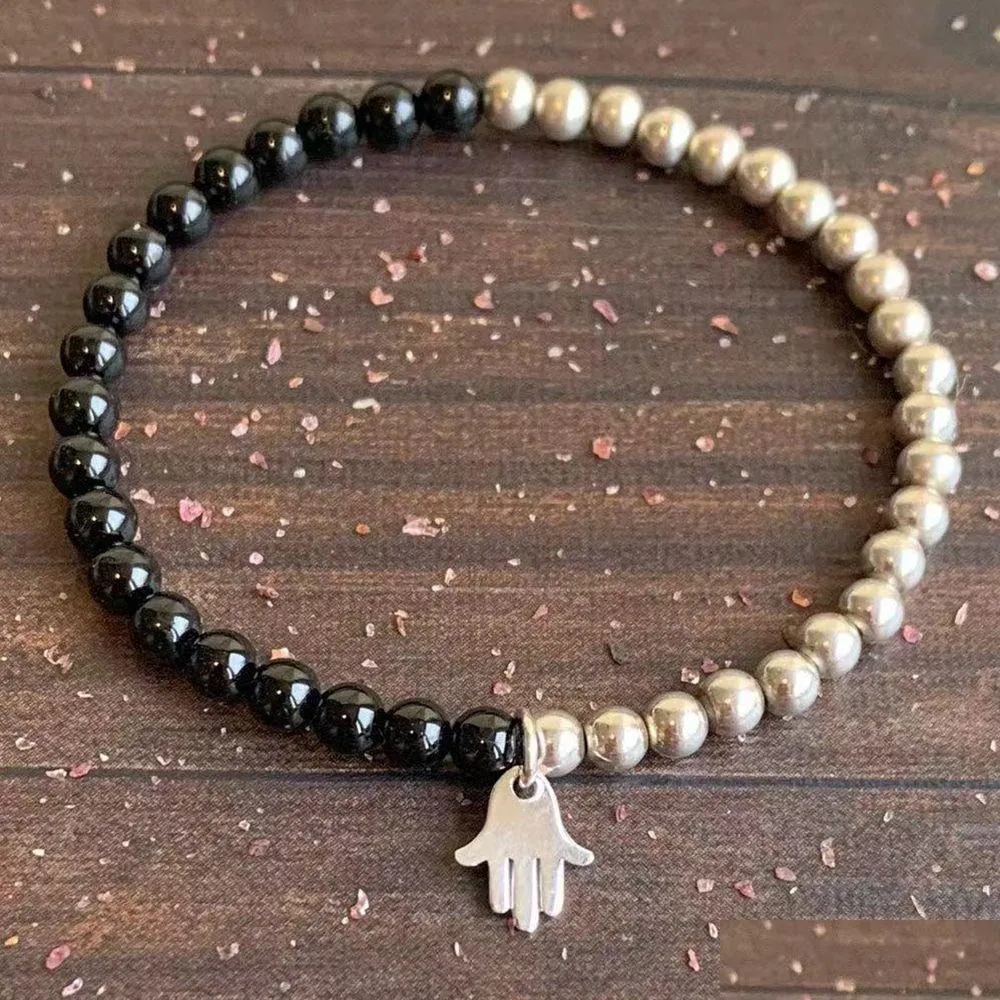 MG1595 Strand 4 MM Black Tourmaline with Sterling Silver Bracelet Hamsa Charm Energy Protection Mini Mala Bracelet