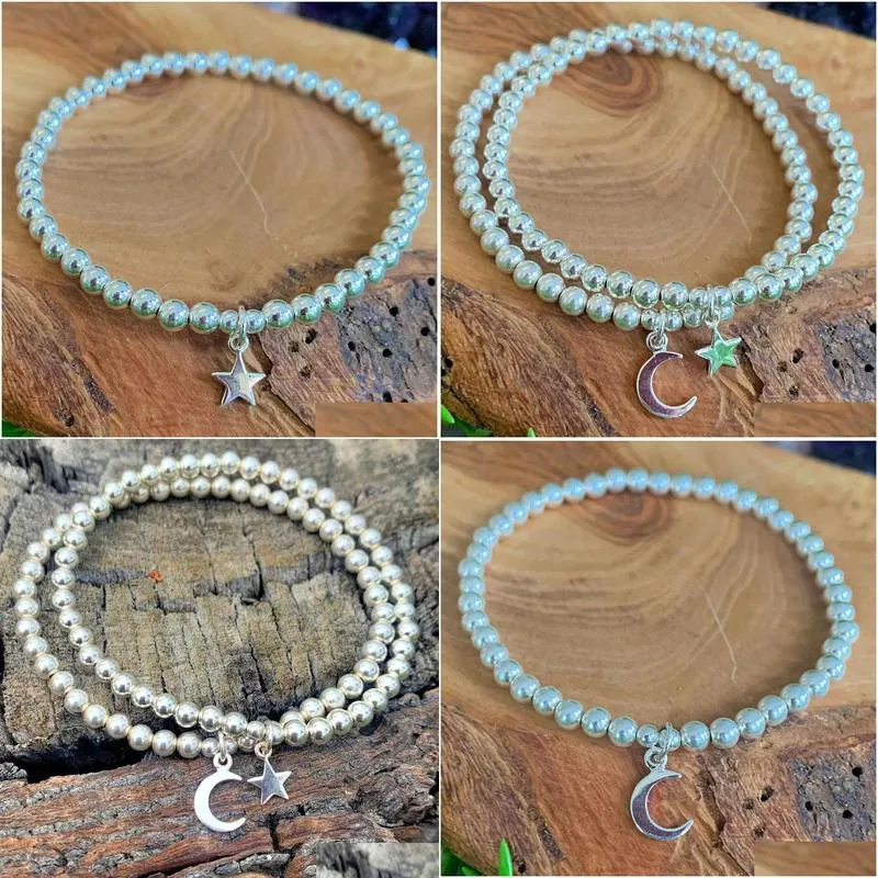 MG1603 Strand New Design 4 MM Genuine 925 Sterling Silver Stack Beaded Bracelet Moon Star Charm Stimulates Energy Flow Jewelry