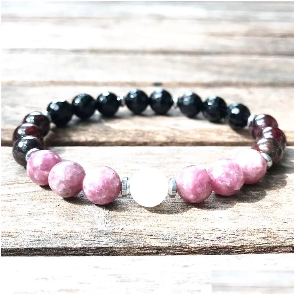 MG0914 8 MM Natural Lepidolite Moonstone Bracelet Black Tourmaline Bracelet High Quality Heart Chakra Meditation Jewelry