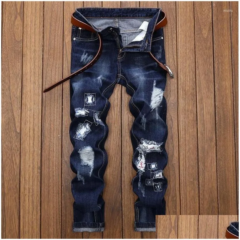 mens jeans el barco fashion ripped holes cotton denim men hip hop scratched slim blue male pants soft streetwear black trousers