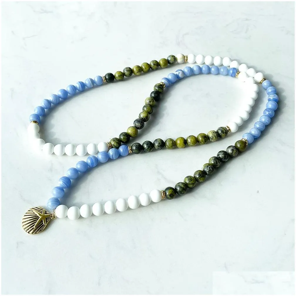 MG1384 New Design Blue Lace Agate 108 Mala Bracelet Women`s Yellow Howlite Necklace Balance Yoga Mala Energy Jewelry