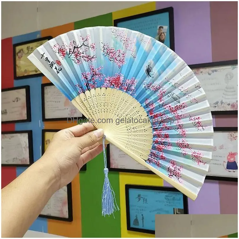 bamboo flower fold hand fans wedding chinese style silk fan children antique folding fan gift vintage party supplies 828