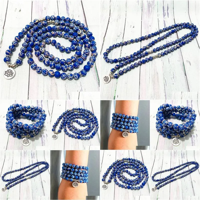 SN1536 Blue Regalite Jasper 108 Mala Yoga Bracelet New Design Lotus Charm Women`s Bracelet Handamde Meditation Buddhist Jewelry