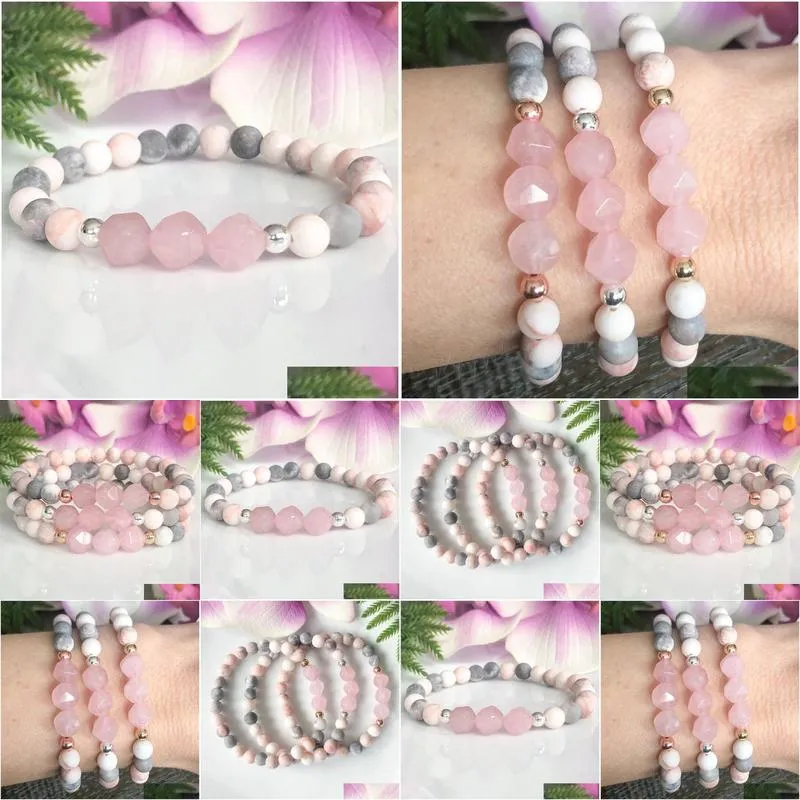 MG1520 Strand New Design Diamond Cutted Rose Quartz Pink Zebra Jasper Gemstone Bracelet Women`s Calming Bracelet for Stress