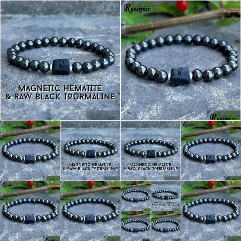 Strands MG1937 New Design 6 MM Magnetic Hematite Raw Black Tourmaline Wrist Mala Natural Gemstone Energy Bracelet