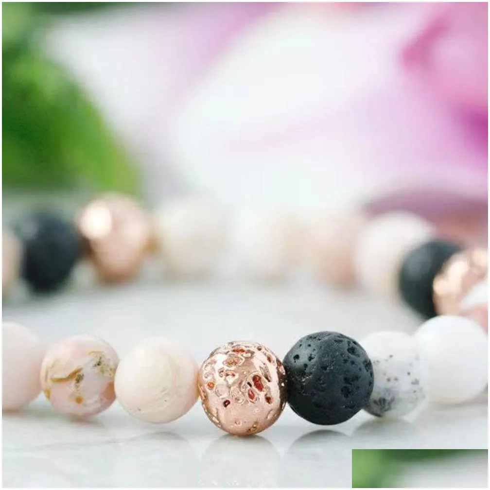 MG1563 Strand Womens Pink Opal Essential Oil Diffuser Bracelet Rose Gold Lava Bead Wrist Mala Bracelet Calming Love Jewelry