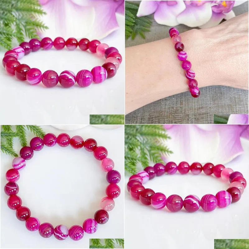 MG1516-2 Strand A Grade Pink Agate Gemstone Bracelet Healing Crystals Mala Bracelets Womens Negative Energy Protection Jewelry