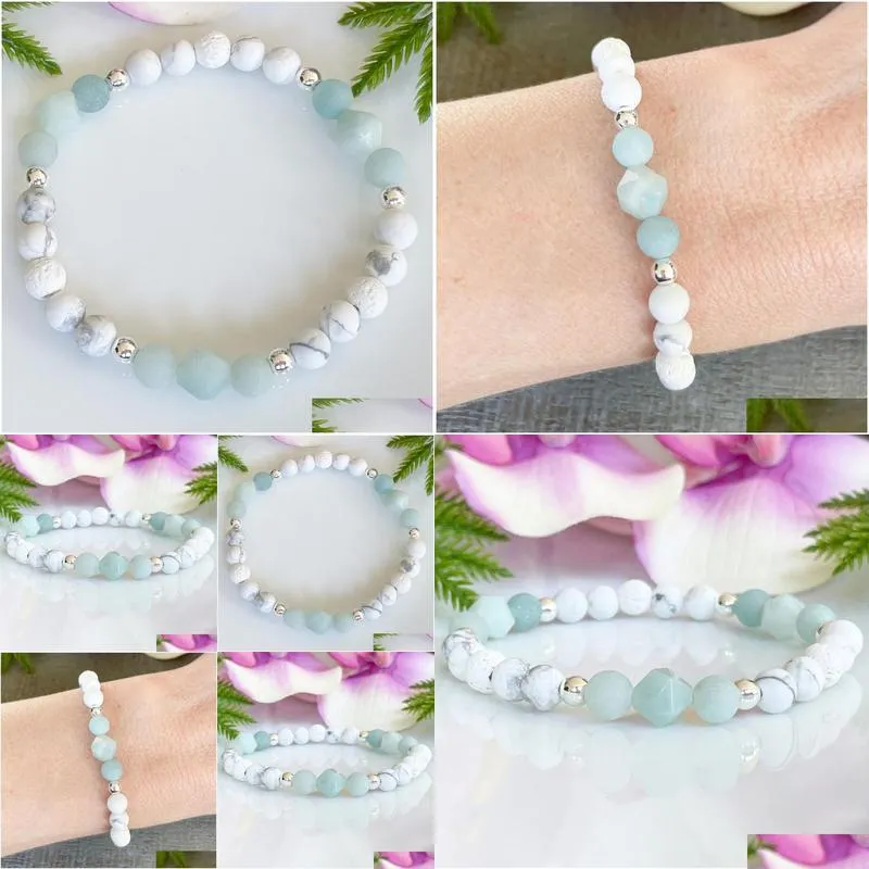 MG1510 Strand Amazonite and Howlite Gemstone Bracelet Womens Essential Oil Diffuser Bracelet Healing Crystals for Anxiety Calming