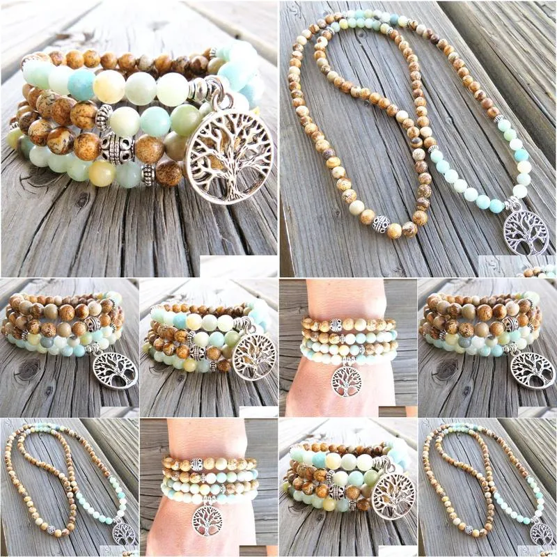 SN1504 108 Amazonite Picture Jasper Mala Beads Bracelet Tree of life Charm Prayer Beads Mala Yoga Jewelry