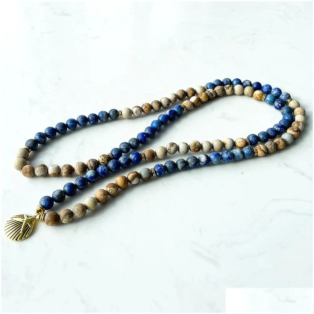 MG1385 Matte Picture Jasper 108 Mala Bracelet High Quality Matte Lapis Lazuli Bracelet Women`s Yoga Spiritual Necklace