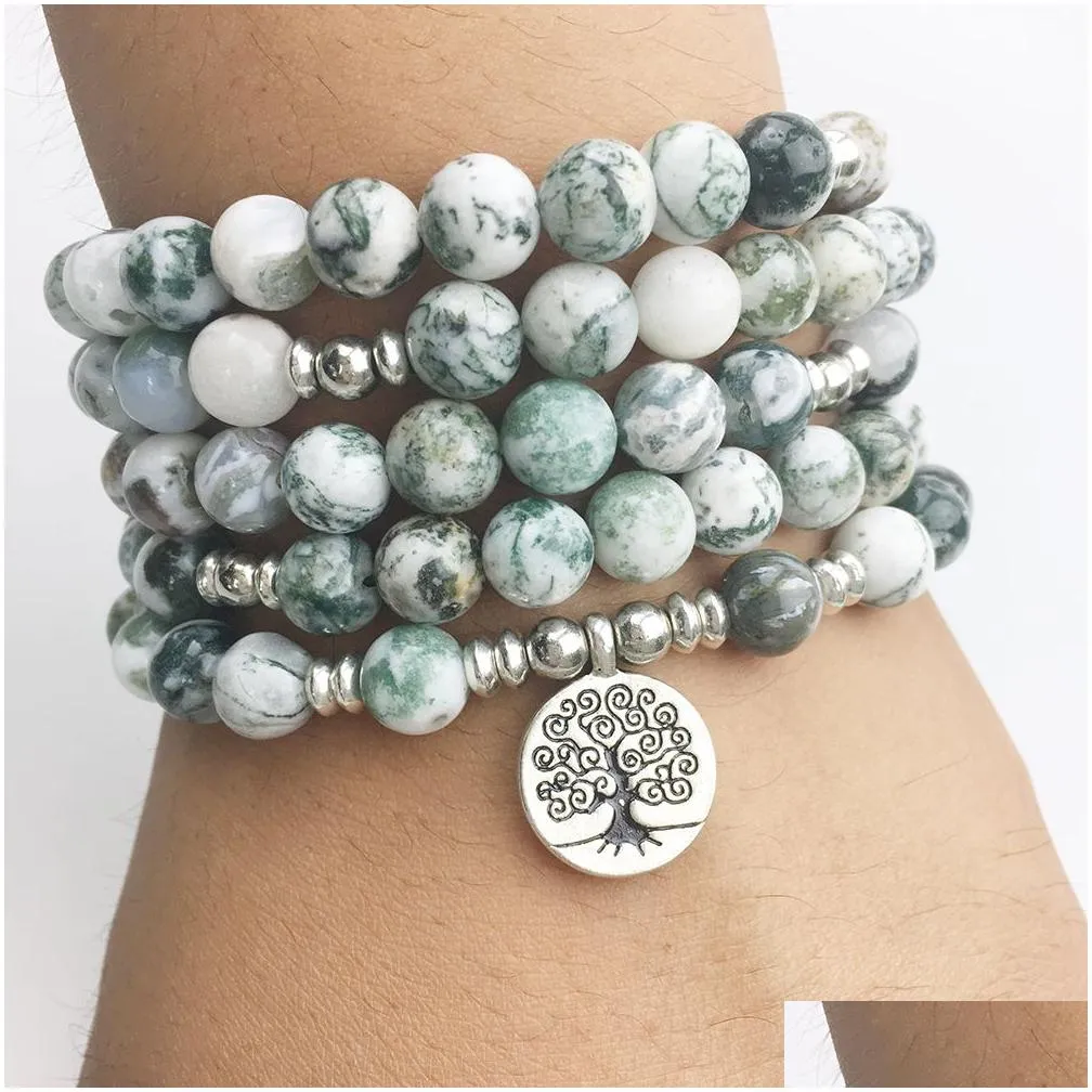 SN1169 Hot Sale 108 Mala Bracelet Tree Pattern Agate Yoga Necklace Best Meditation Spiritual Gift for Her