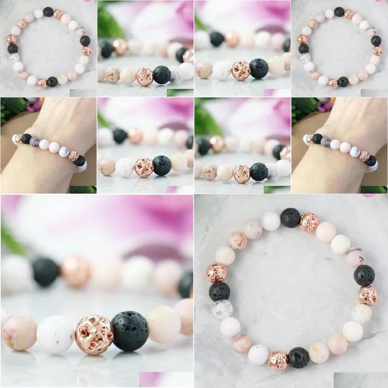 MG1563 Strand Womens Pink Opal Essential Oil Diffuser Bracelet Rose Gold Lava Bead Wrist Mala Bracelet Calming Love Jewelry