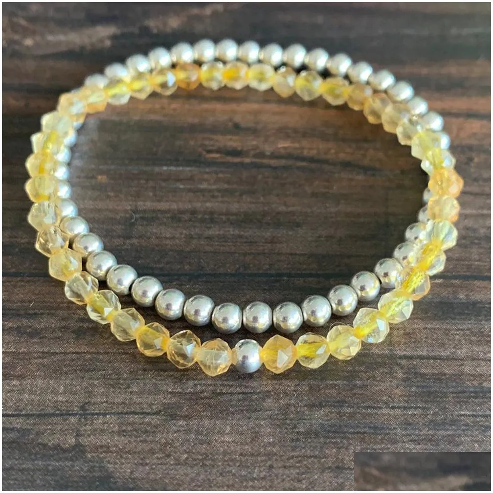 MG1434 Strand Faceted Citrine Mini Mala Gemstone Bracelet 4mm Crystals Heart Chakra Balance Bracelet Hematite Energy Jewelry Set