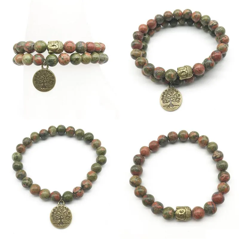 SN1275 Tree of Life Buddha Bronze Charm Bracelet Set Vintage Design Unakite Bracelet High Quality Natural Stone Jewelry