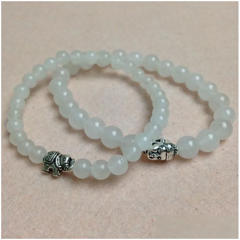 SN0439 Top Newest White Jade Bracelet Men Elephant Charms Stretch Bracelet Buddha Bracelet Set Mala Jewelry