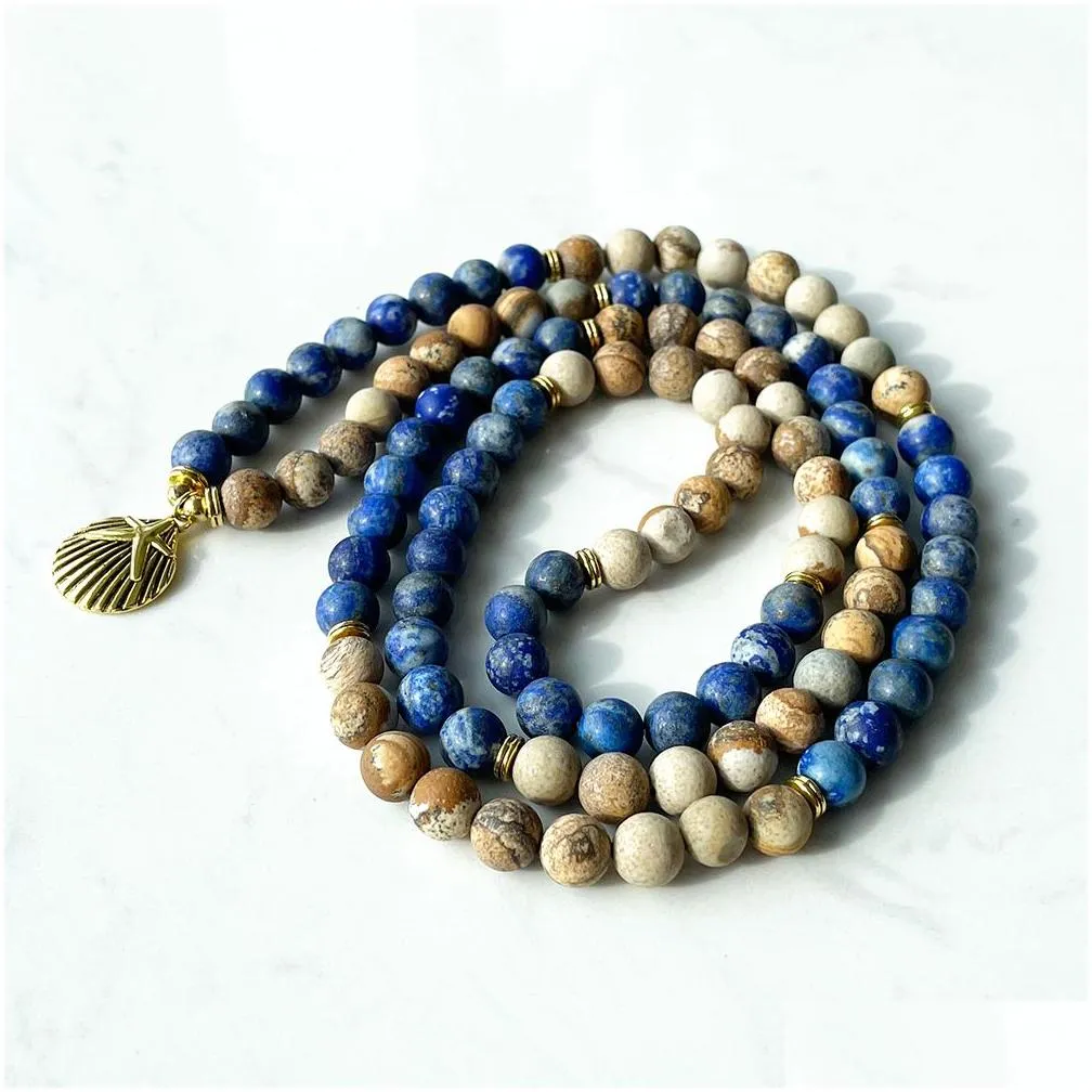 MG1385 Matte Picture Jasper 108 Mala Bracelet High Quality Matte Lapis Lazuli Bracelet Women`s Yoga Spiritual Necklace