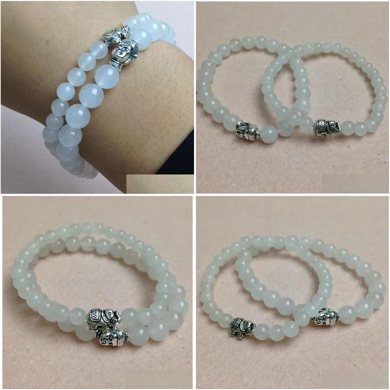 SN0439 Top Newest White Jade Bracelet Men Elephant Charms Stretch Bracelet Buddha Bracelet Set Mala Jewelry