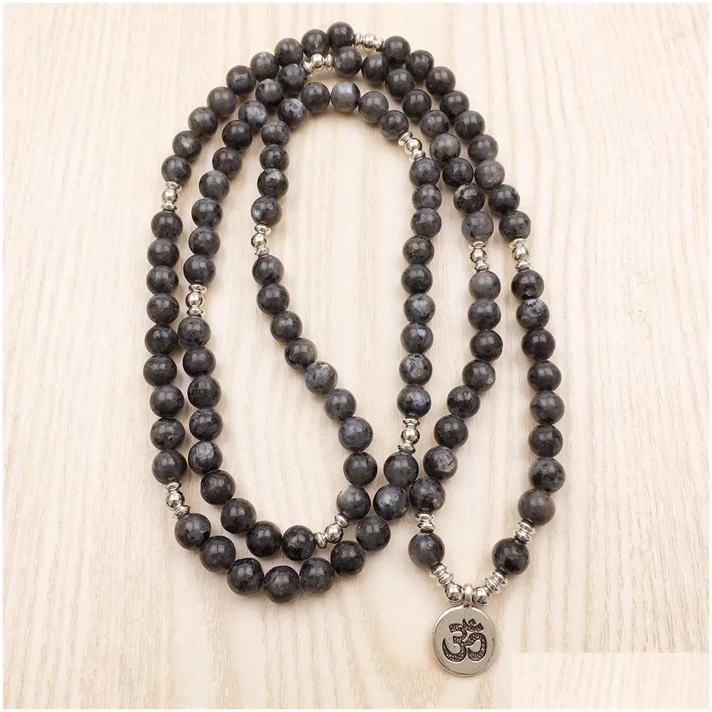 SN1146 Top Design Labradorite Wrap Bracelet Men`s 108 Mala Yoga Bracelet or Necklace Silver Lotus Ohm Buddha Bracelet