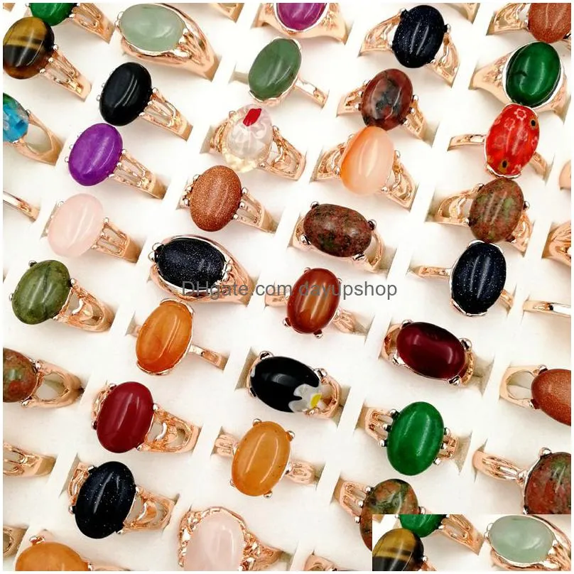 newest 30 pieces/lot natural gemstone band rings crystal bohemia mix style rose gold designs for womens and men fashion party charm jewelry