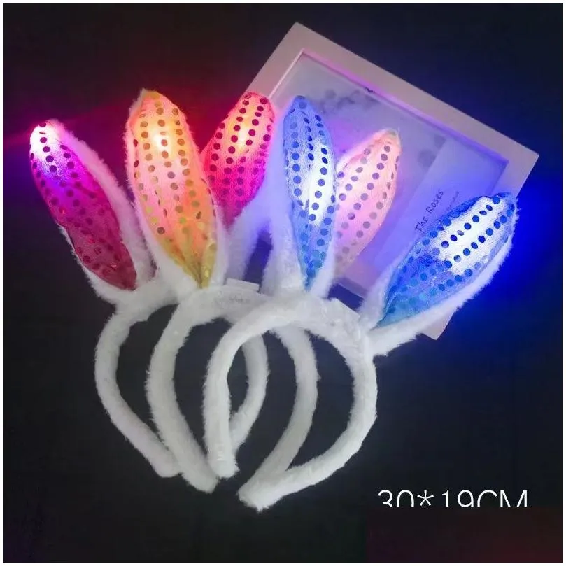 led bunny ears headband light up flashing fluffy rabbit ear headbands sequins headdress costume cosplay hairband woman halloween christmas easter gifts