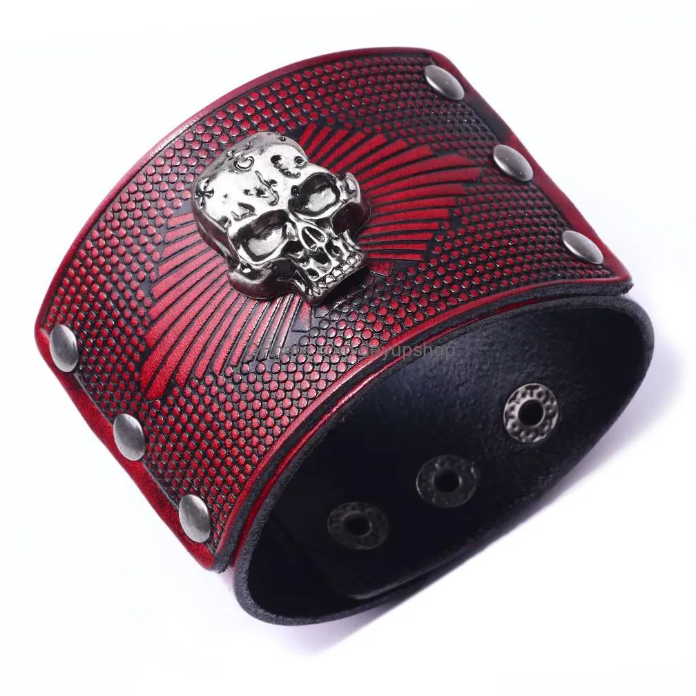 steampunk style skull charm leather cuff bracelets for men gift