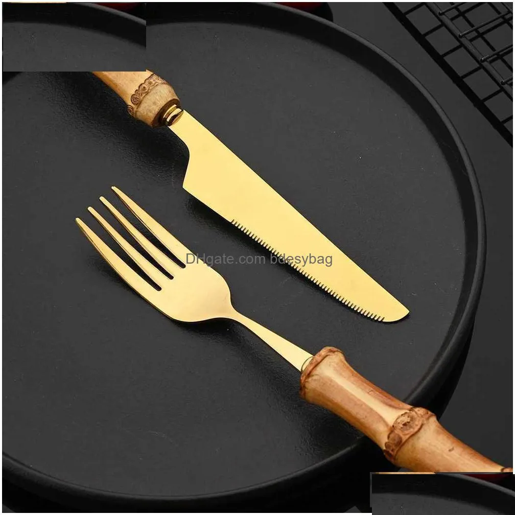 top quality creative natural bamboo handle stainless steel steak knife fork spoon dinnerware dining tableware cutlery rack set q230828