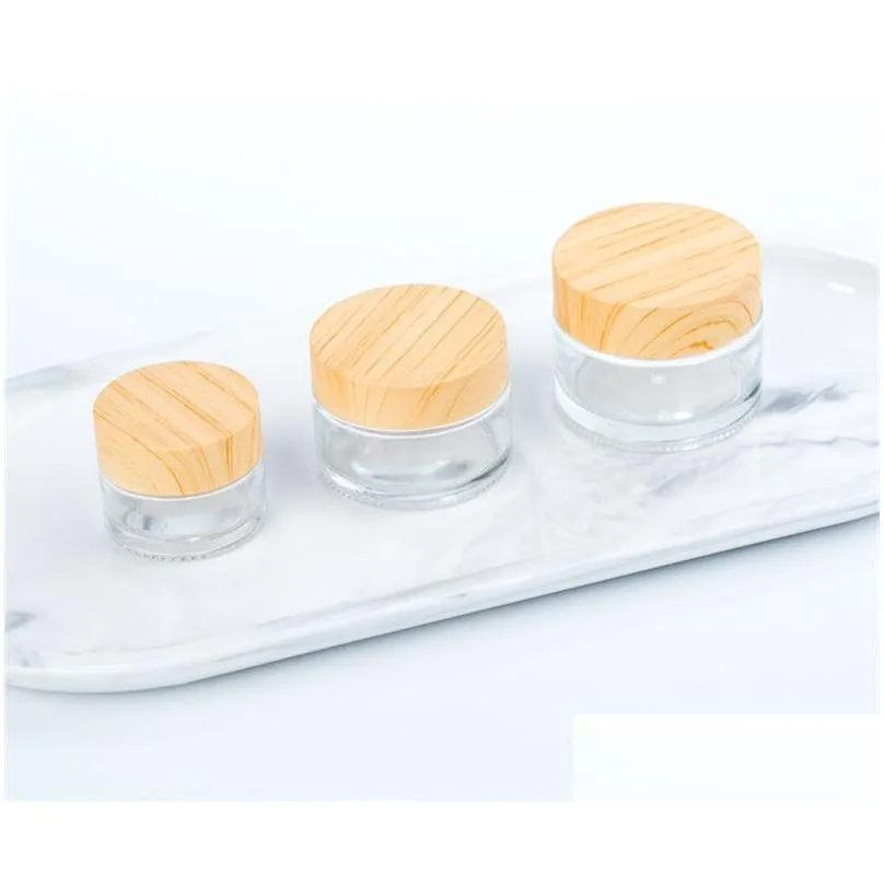 wholesale frosted glass jar cream bottles round cosmetic jars hand face packing bottles 5g 10g 15g 30g 50g jars with wood grain cover